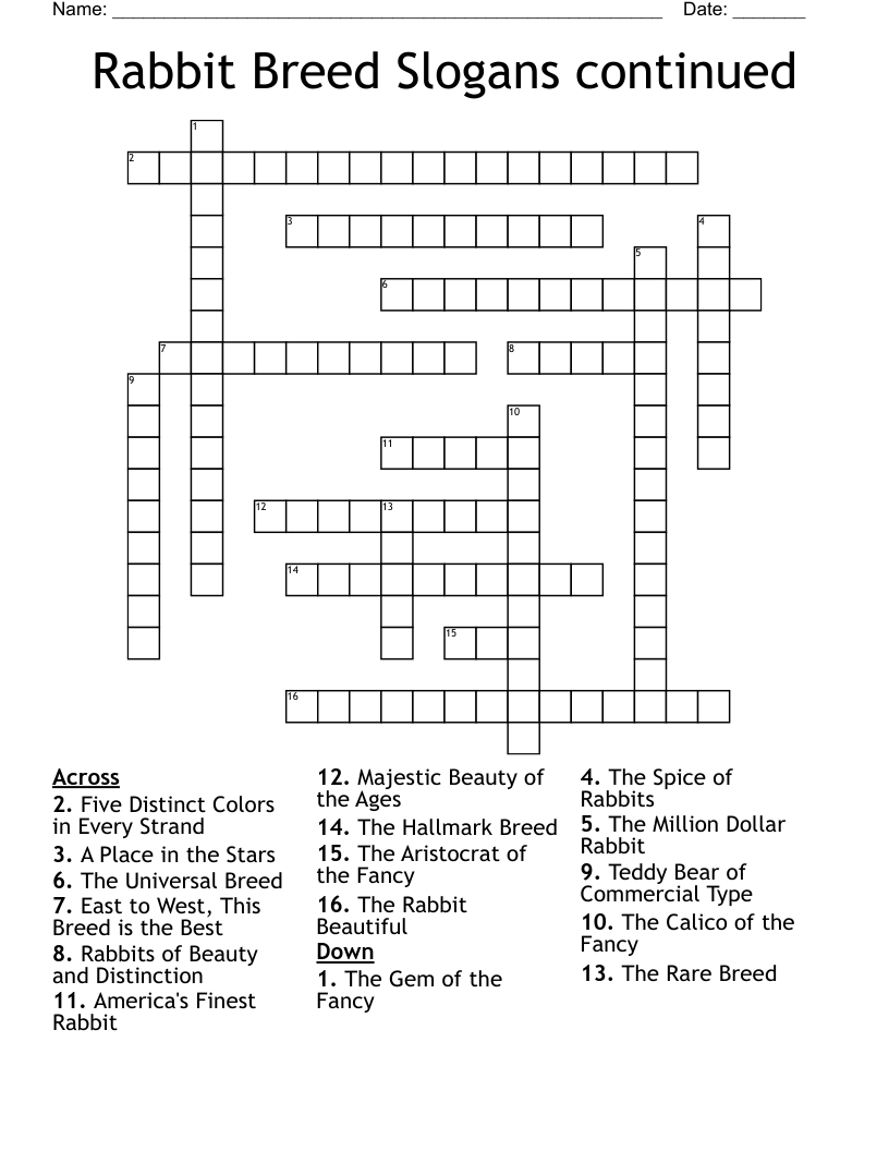 Rabbit Breed Slogans continued Crossword