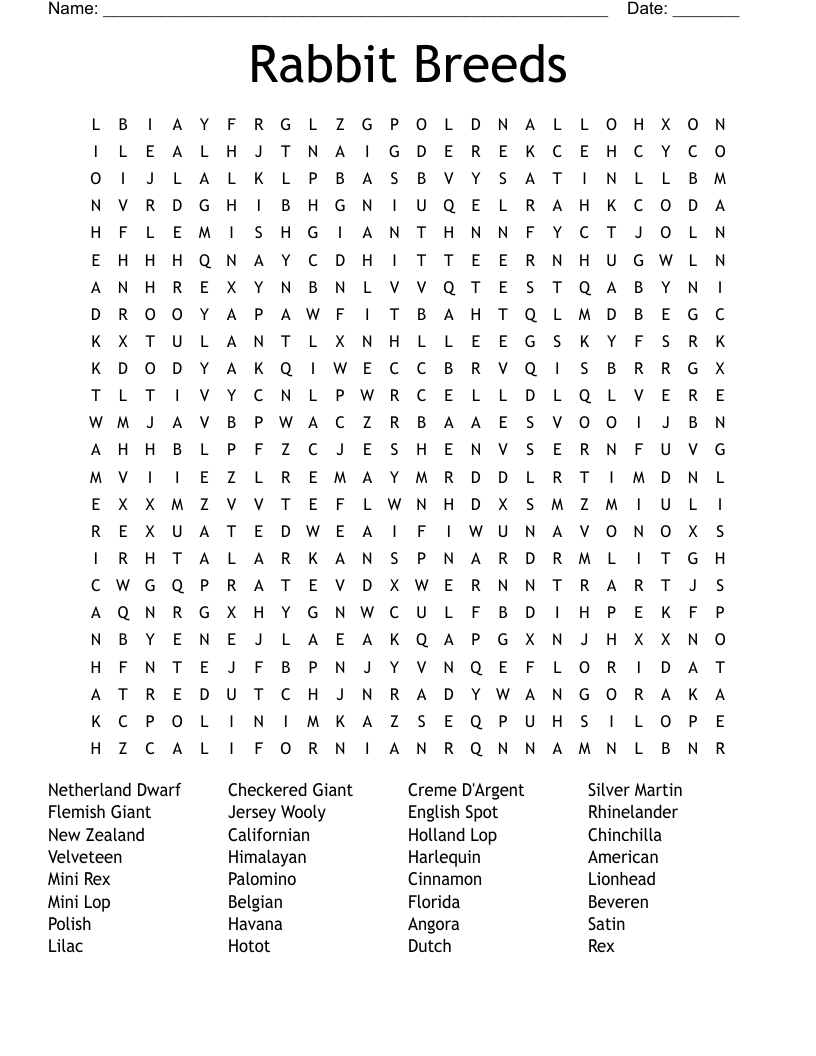 Rabbit Breeds Word Search