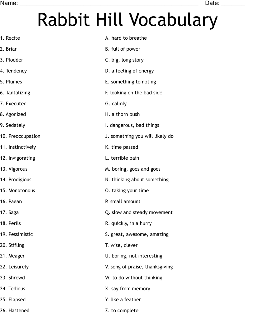 Rabbit Hill Vocabulary Worksheet