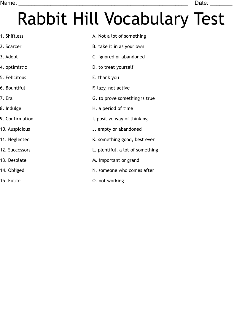 Rabbit Hill Vocabulary Test Worksheet