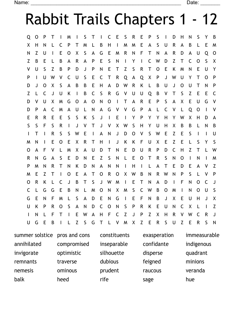 Rabbit Trails Chapters 1 - 12 Word Search