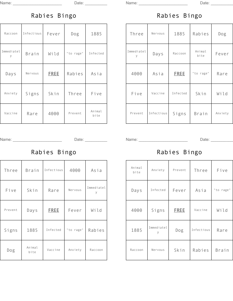 Rabies Bingo