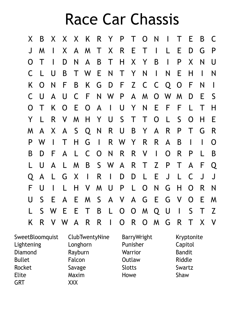 Race Car Chassis Word Search