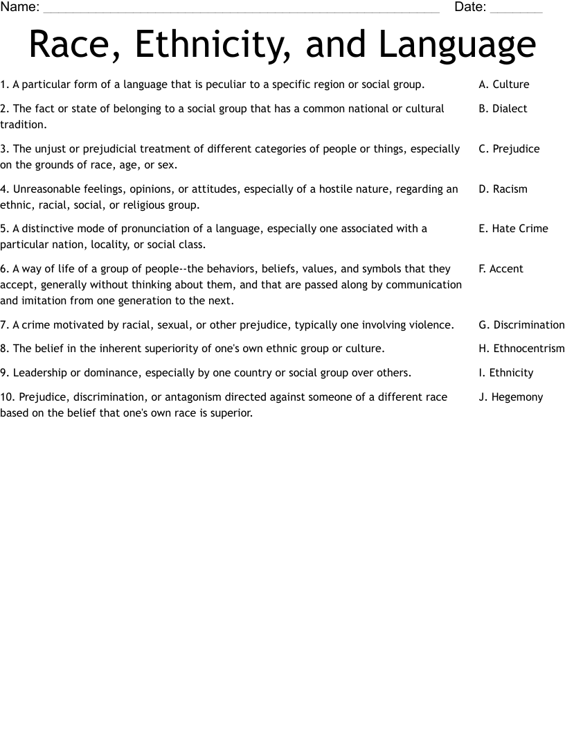 Race, Ethnicity, and Language Worksheet