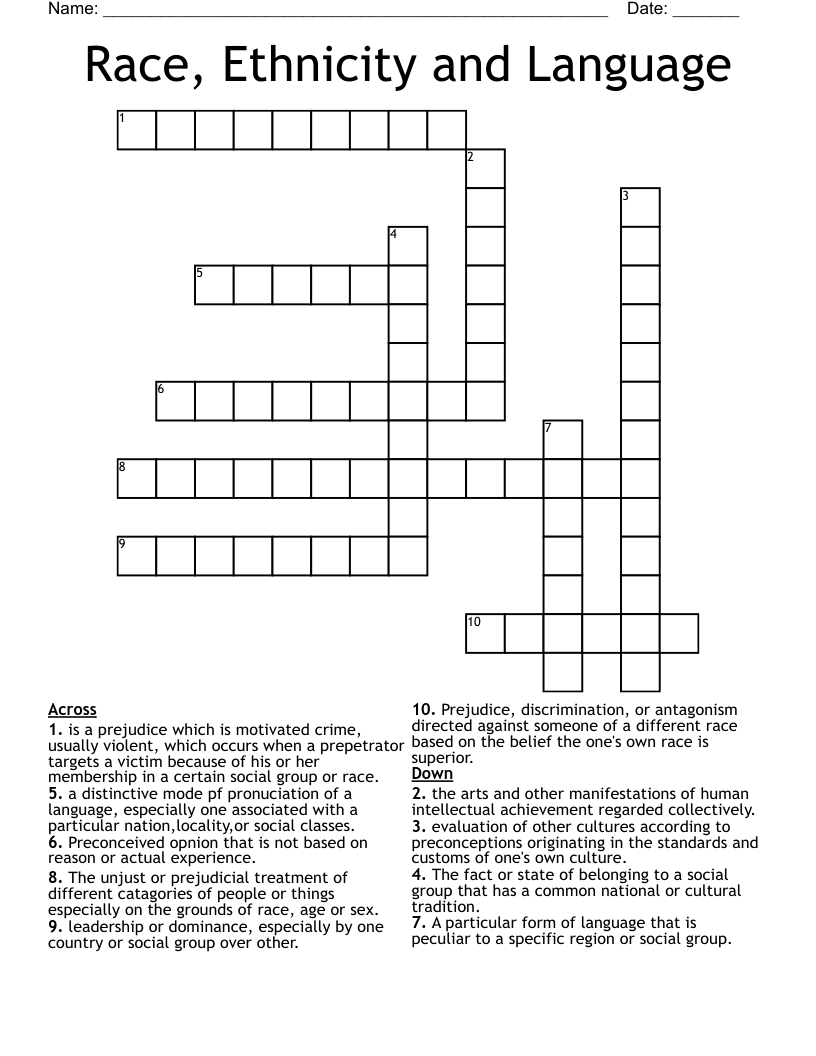 Race, Ethnicity and Language Crossword