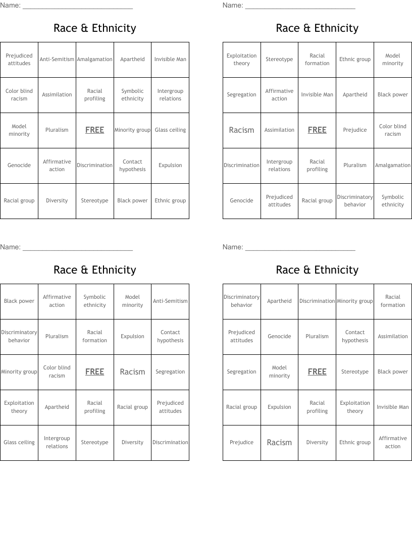 Race & Ethnicity  Bingo Cards