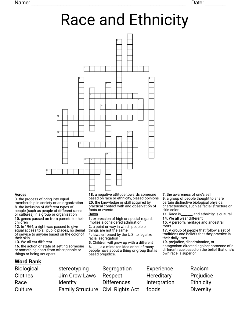 Race and Ethnicity  Crossword
