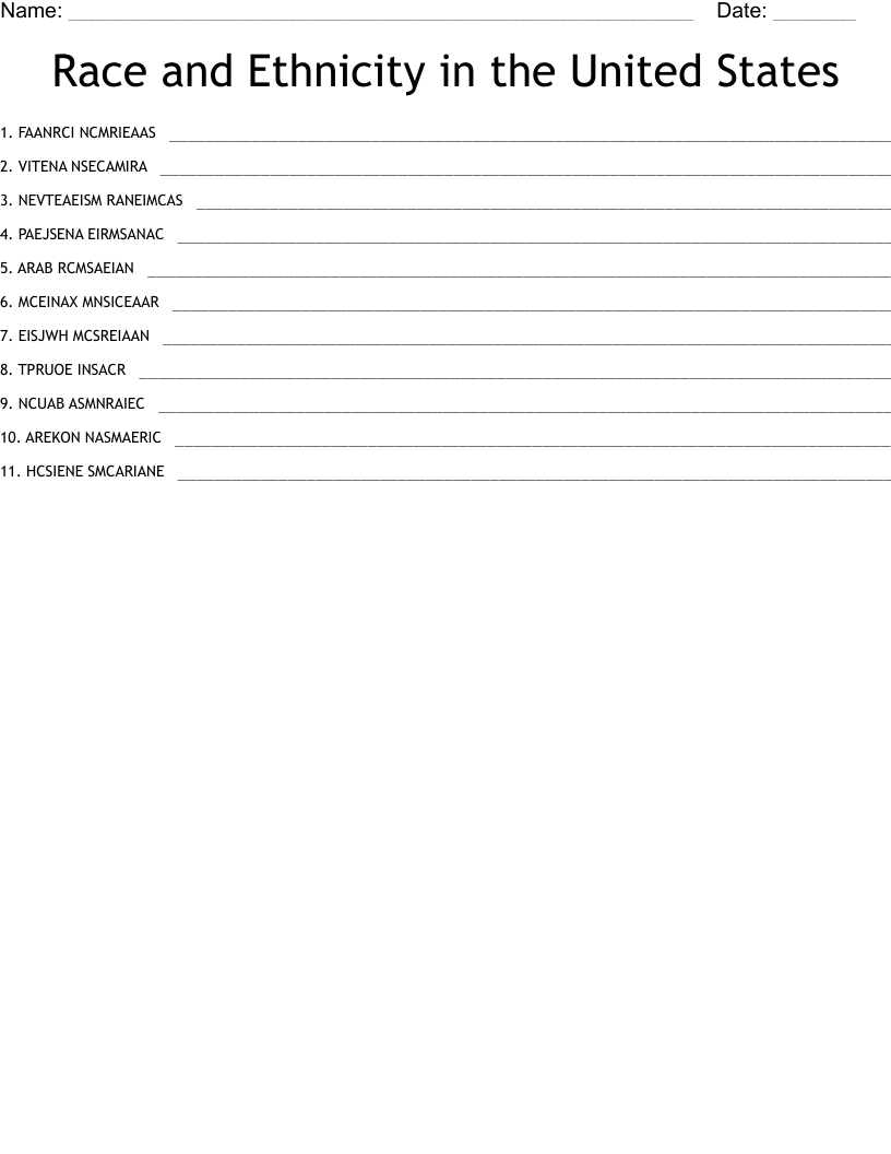 Race and Ethnicity  in the United States Word Scramble