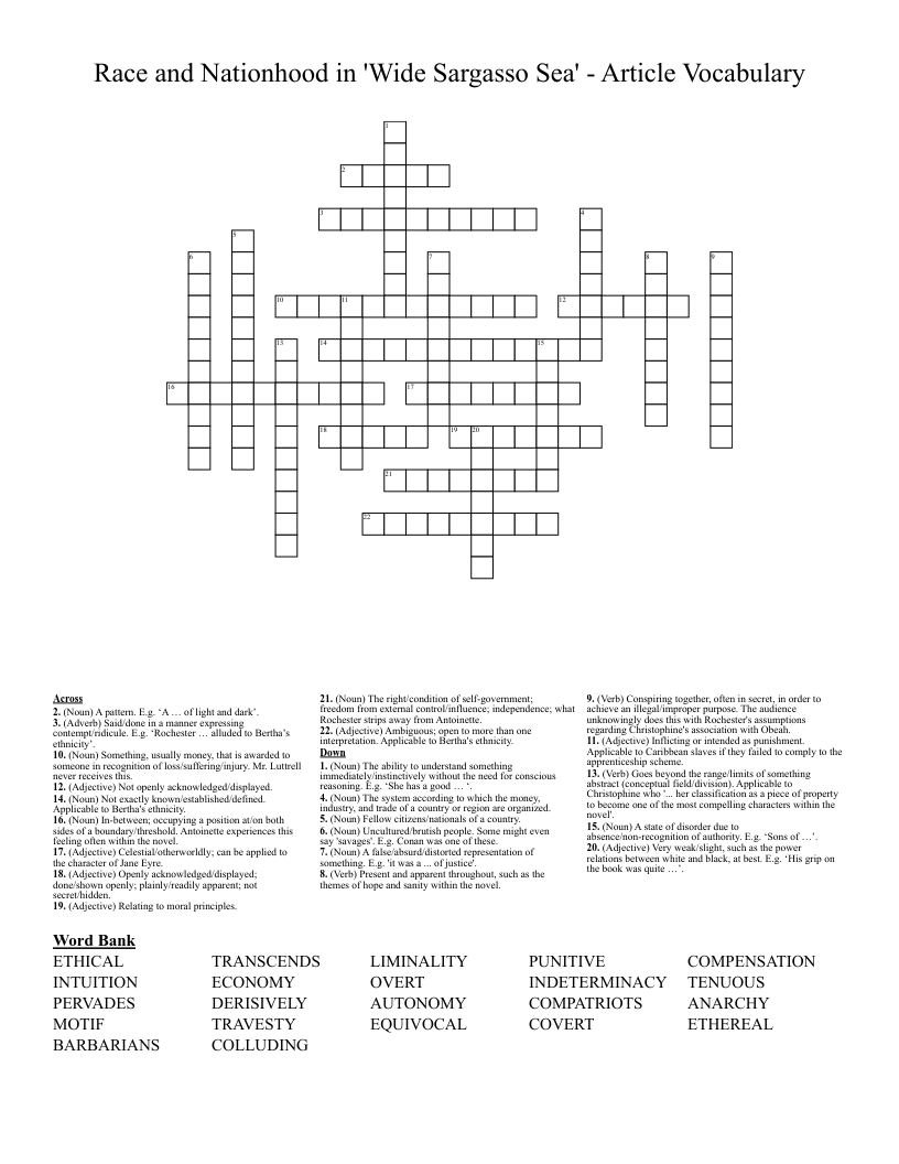 Race and Nationhood in 'Wide Sargasso Sea' - Article Vocabulary Crossword