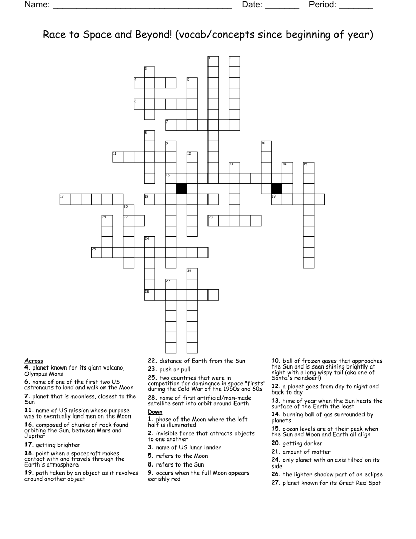 Race to Space and Beyond! (vocab/concepts since beginning of year) Crossword