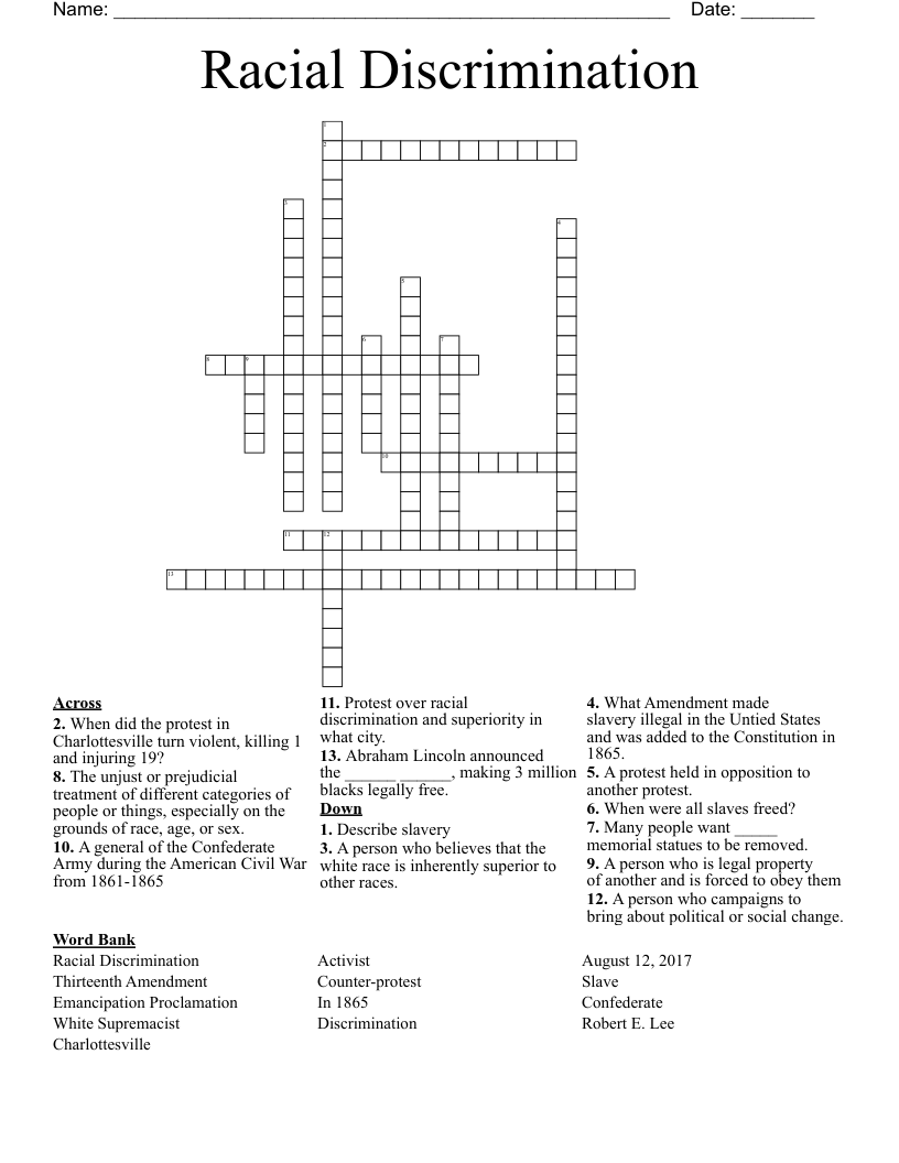 Racial Discrimination Crossword