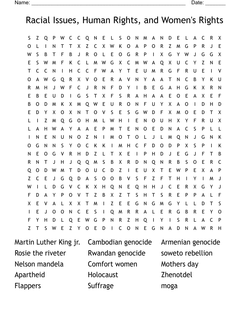 Racial Issues, Human Rights, and Women's Rights Word Search