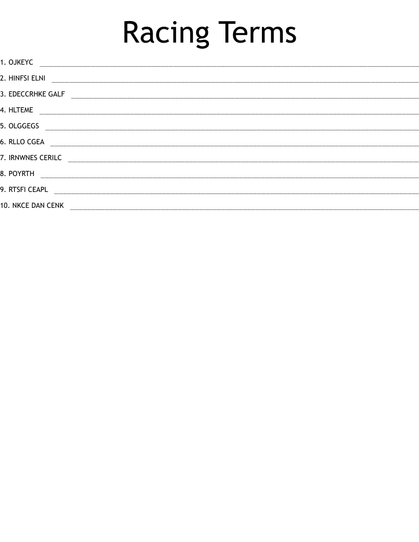 Racing Terms Word Scramble