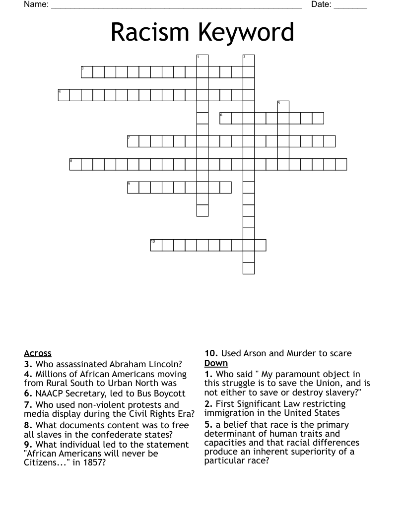 Racism Keyword Crossword