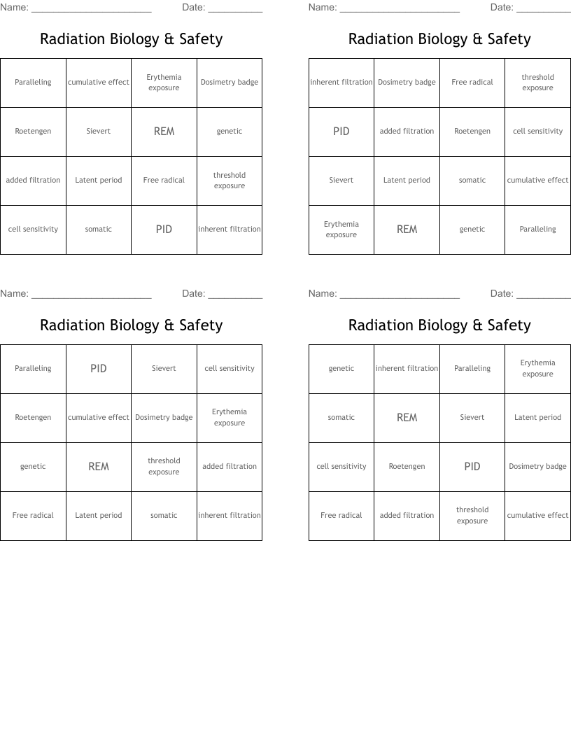 Radiation Biology & Safety Bingo Cards
