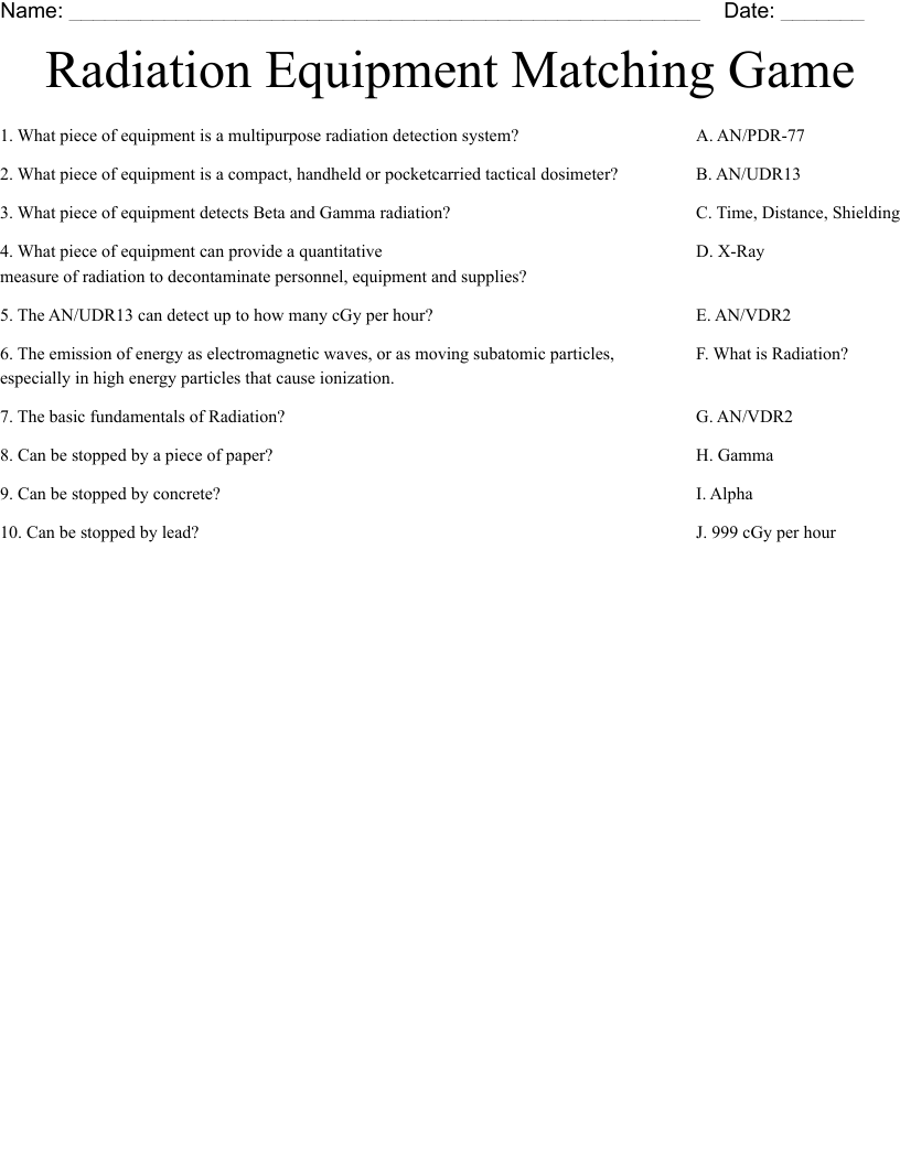 Radiation Equipment Matching Game Worksheet
