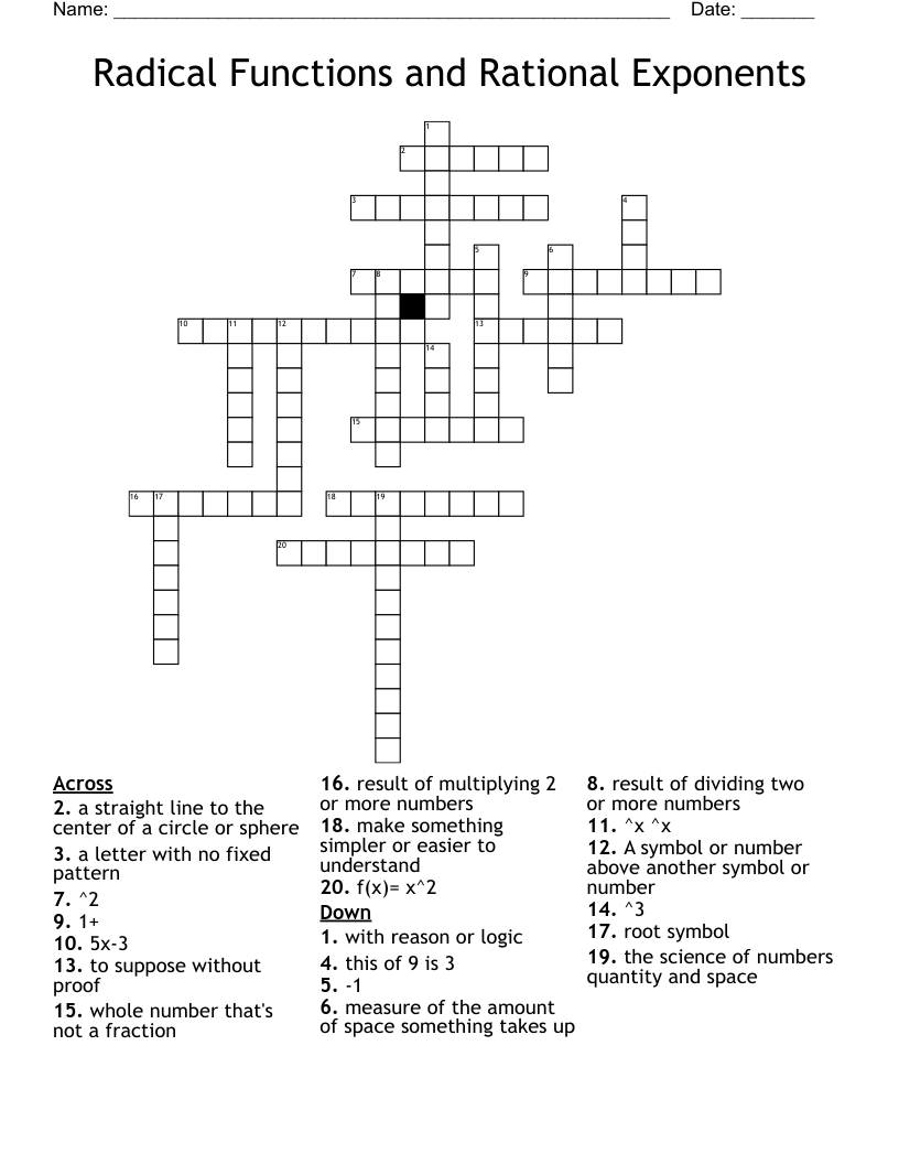 Radical Functions and Rational Exponents Crossword