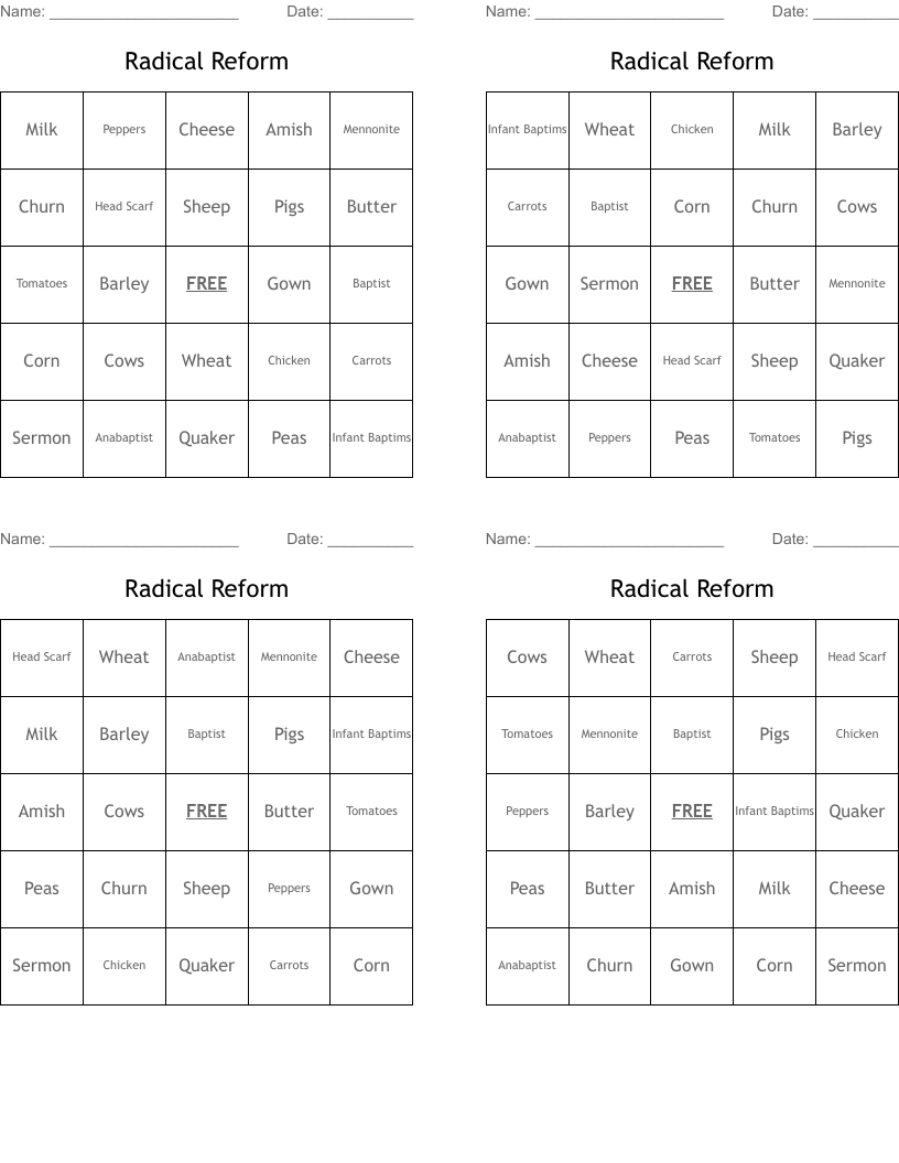 Radical Reform  Bingo Cards