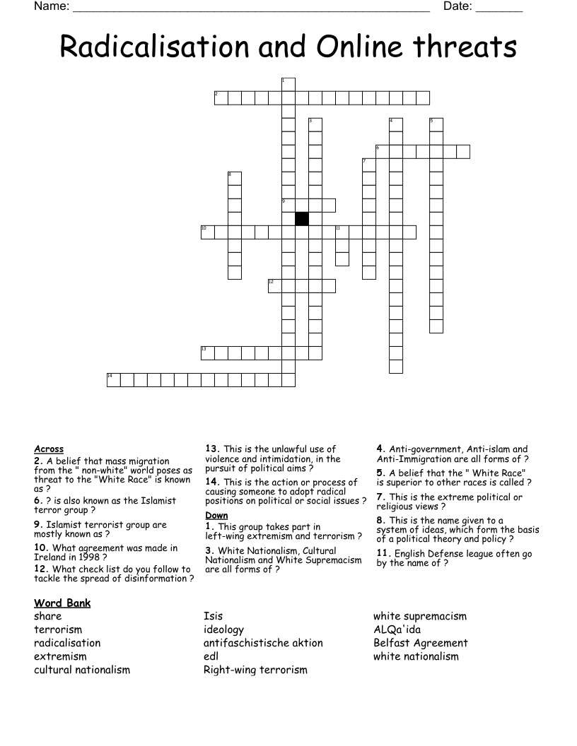 Radicalisation and Online threats Crossword