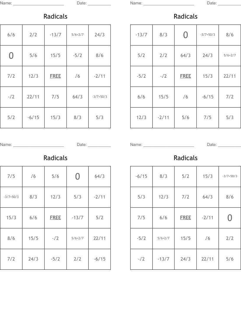 Radicals Bingo Cards