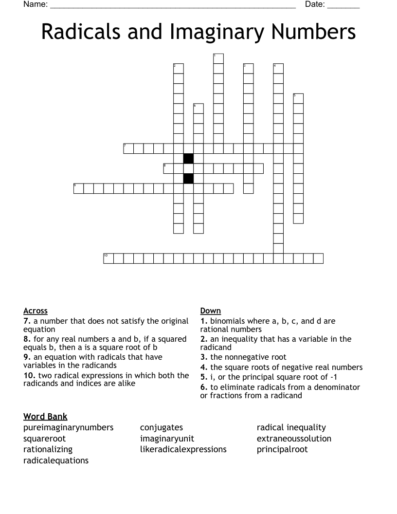 Radicals and Imaginary Numbers Crossword