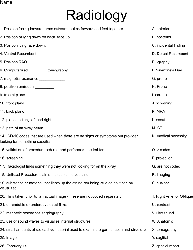 Radiology Worksheet