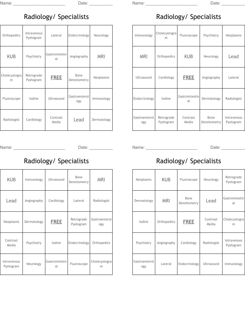 Radiology/ Specialists  Bingo Cards