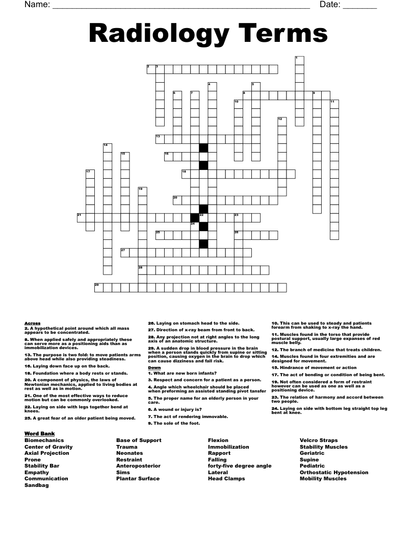 Radiology Terms Crossword