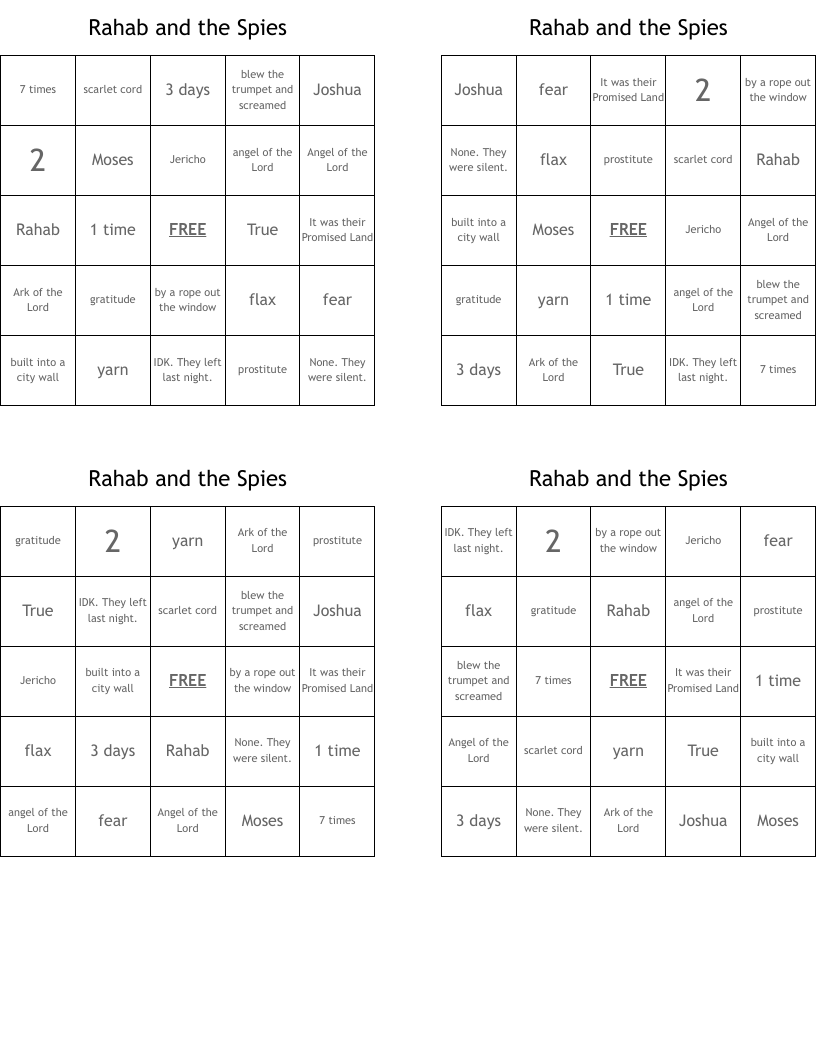 Rahab and the Spies Bingo Cards