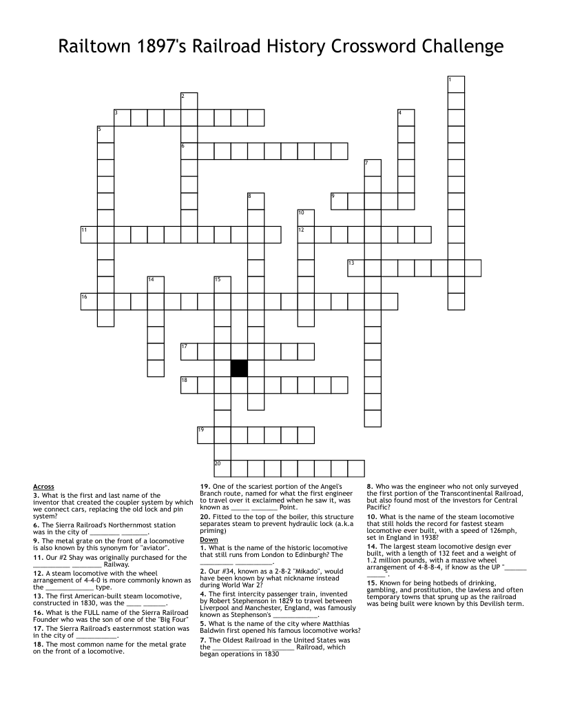 Railtown 1897's Railroad History Crossword Challenge