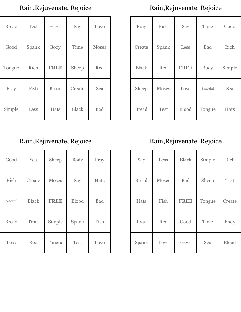 Rain,Rejuvenate, Rejoice Bingo Cards