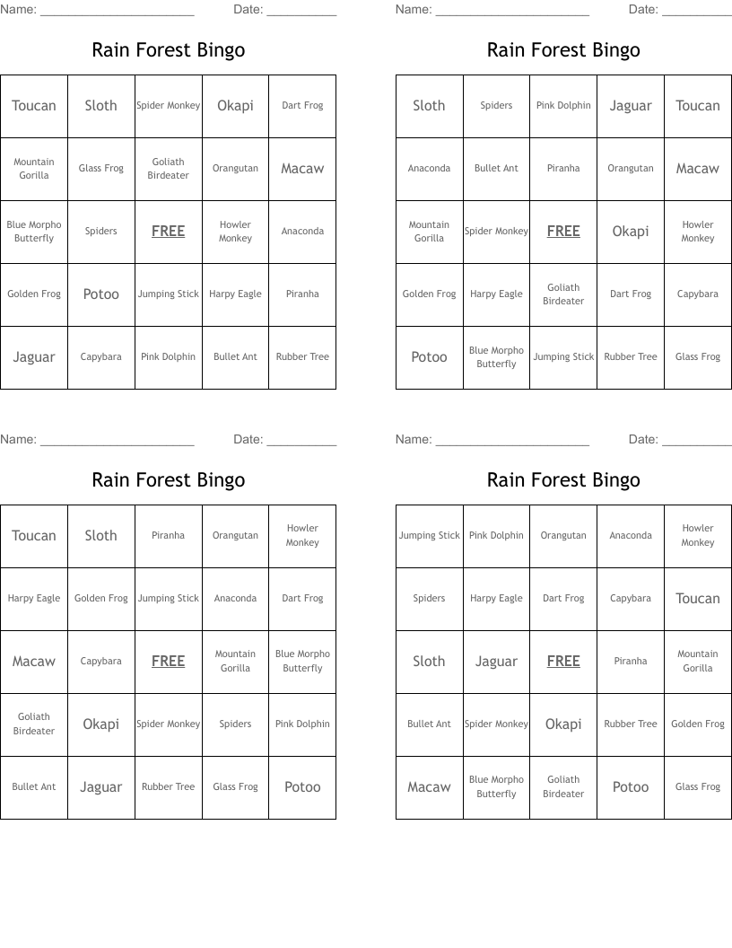 Rain Forest Bingo