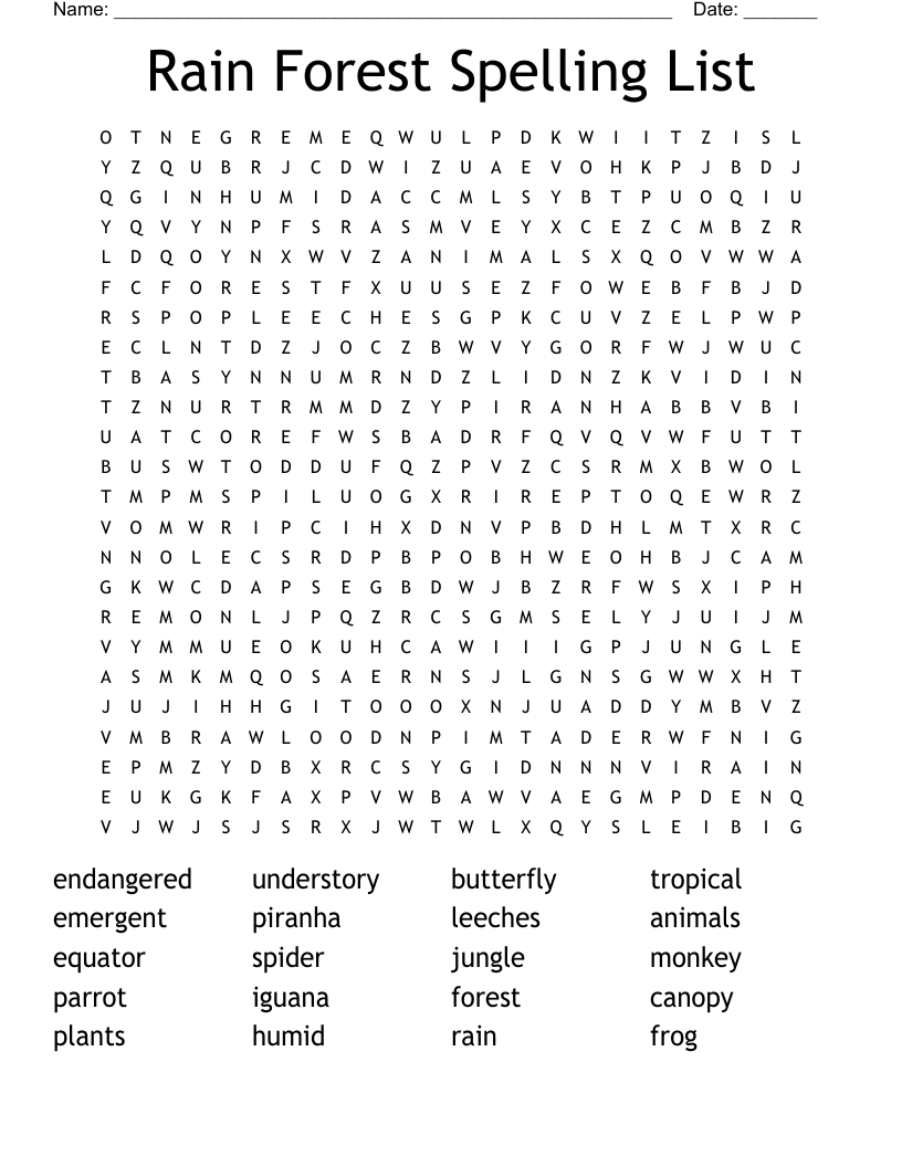 Rain Forest  Spelling List Word Search