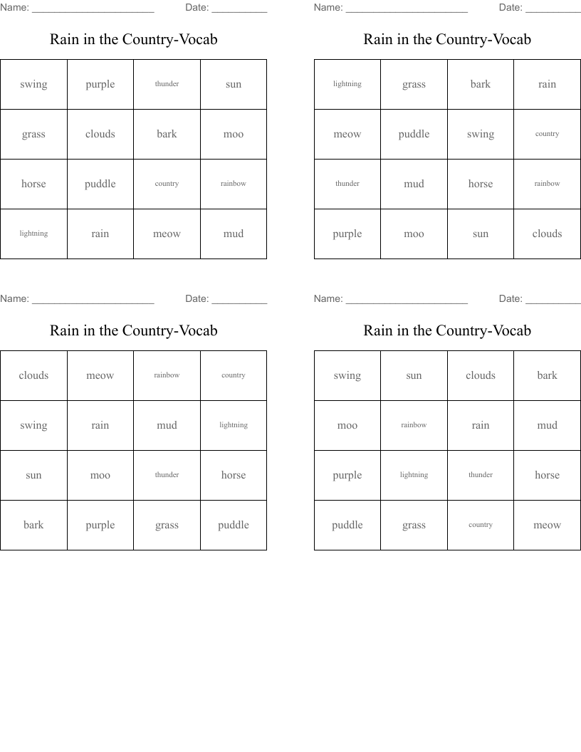 Rain in the Country-Vocab Bingo Cards