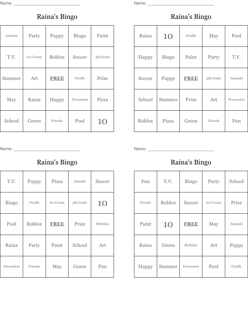 Raina's Bingo