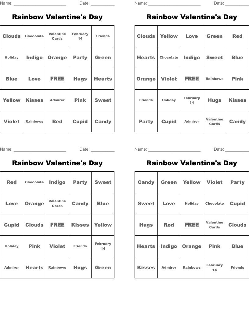Rainbow Valentine's Day Bingo Cards