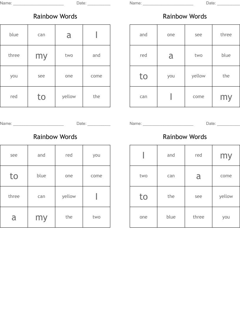 Rainbow Words Bingo Cards