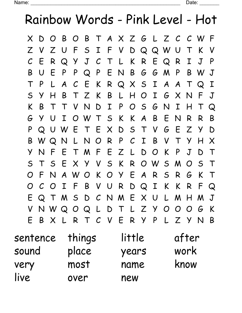 Rainbow Words - Pink Level - Hot Word Search