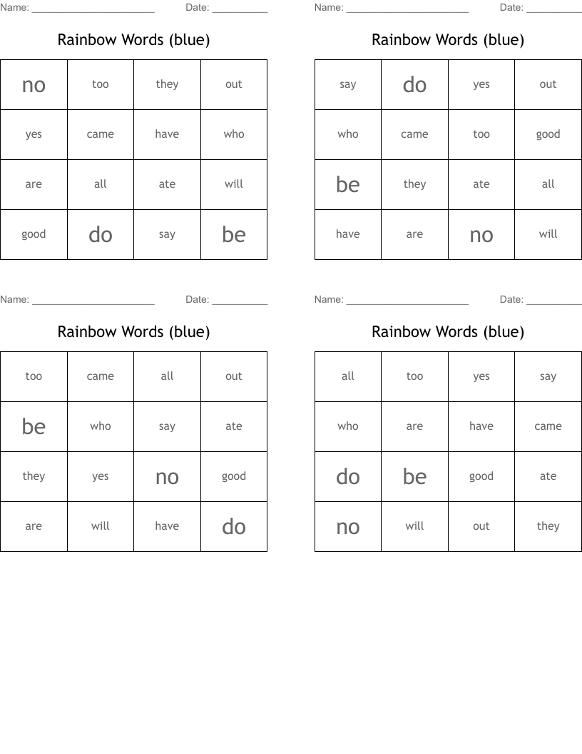 Rainbow Words (blue) Bingo Cards