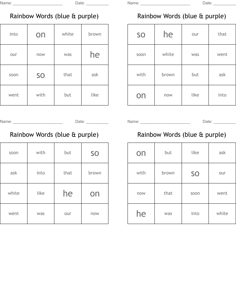 Rainbow Words (blue & purple) Bingo Cards