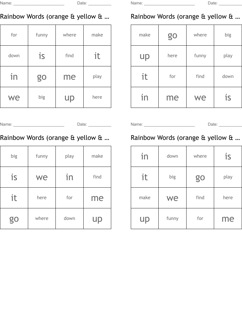 Rainbow Words (orange & yellow & green) Bingo Cards