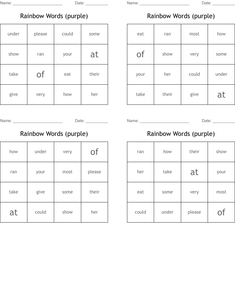 Rainbow Words (purple) Bingo Cards