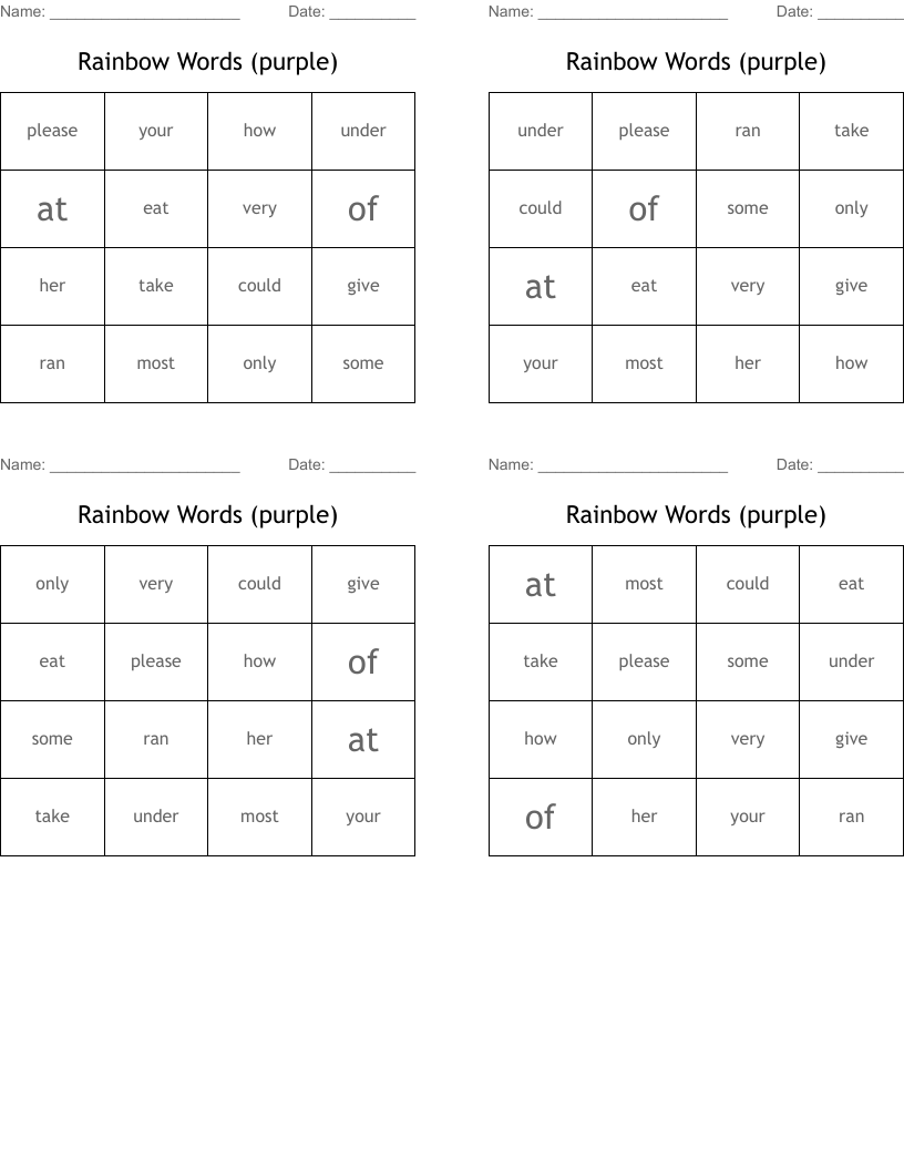 Rainbow Words (purple) Bingo Cards