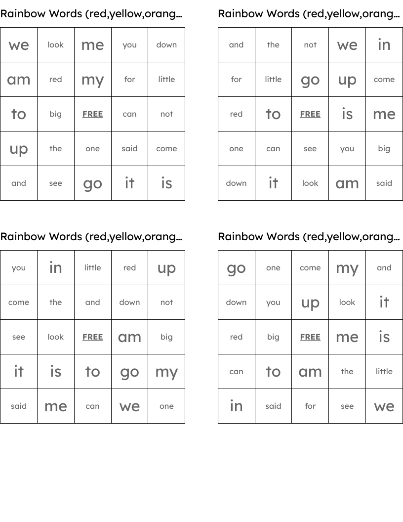 Rainbow Words (red,yellow,orange) Bingo Cards