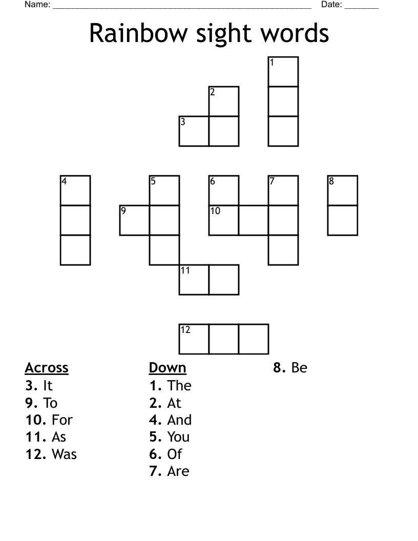 Rainbow sight words Crossword