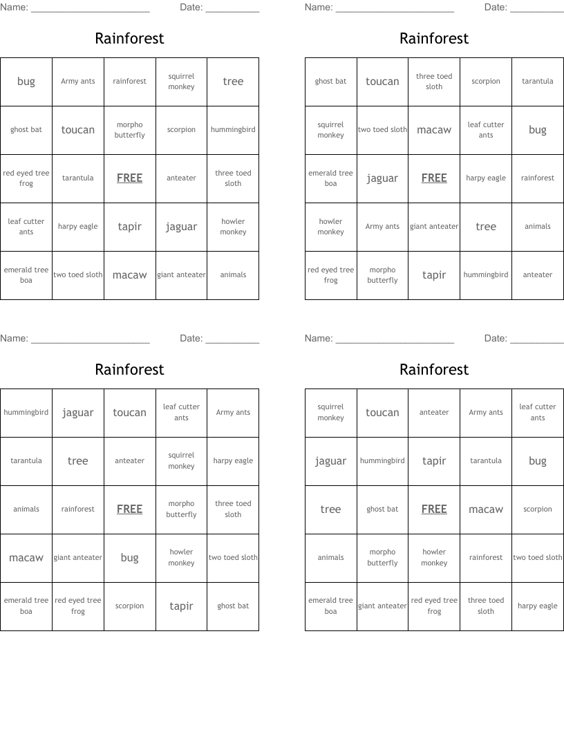 Rainforest Bingo Cards