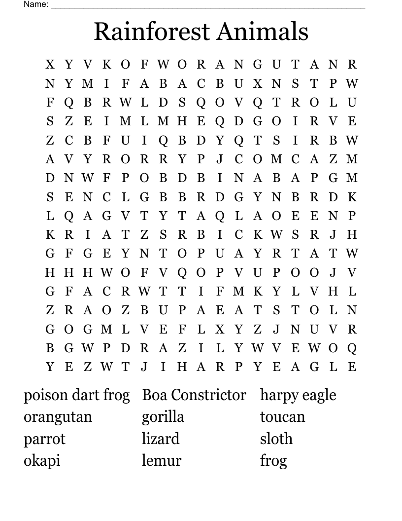 Rainforest Animals Word Search