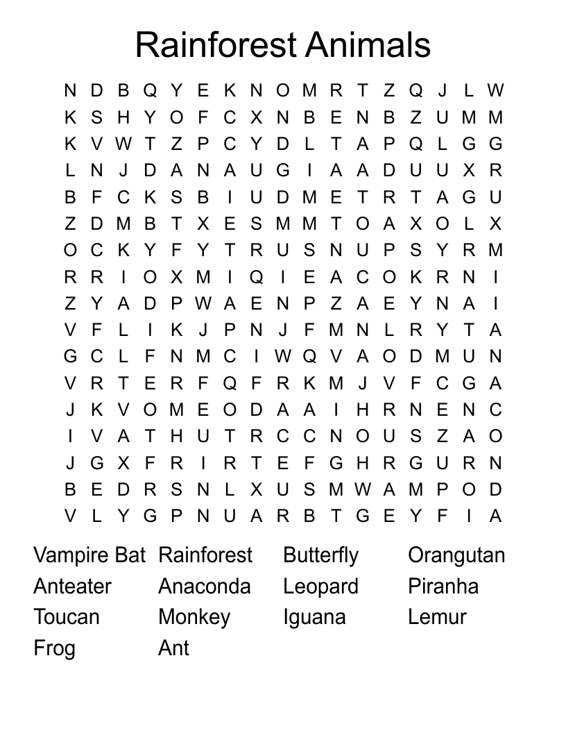 Rainforest Animals Word Search