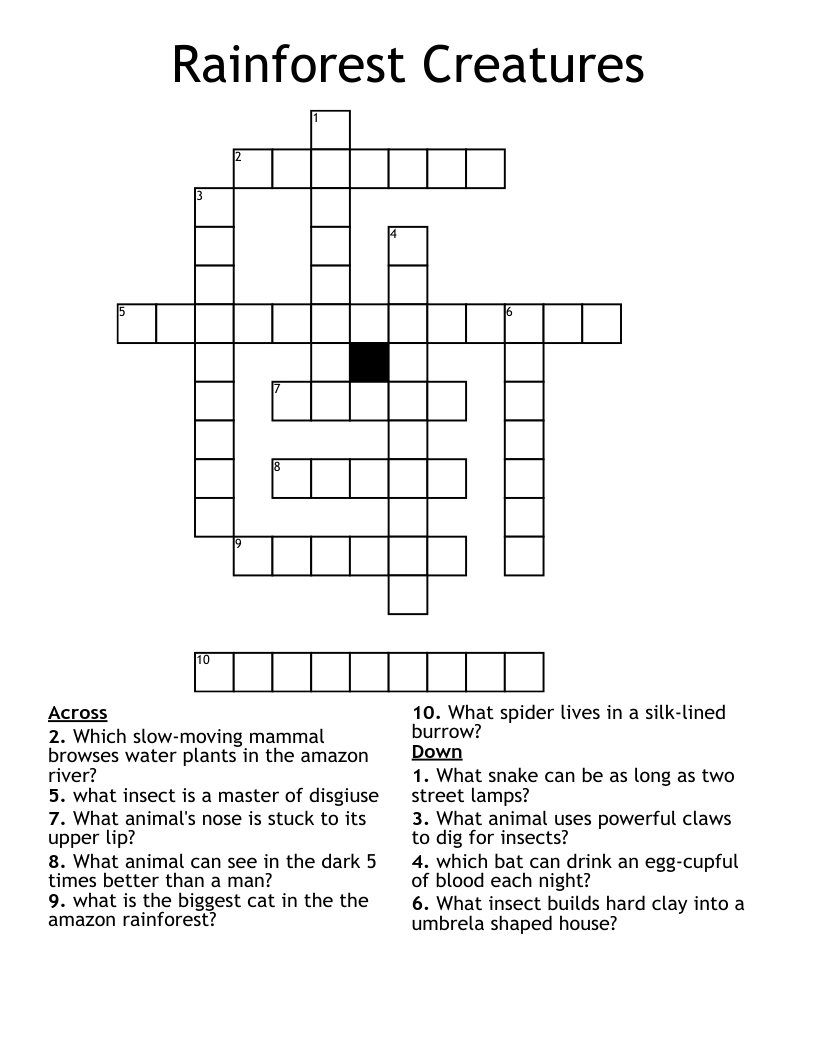 Rainforest Creatures  Crossword
