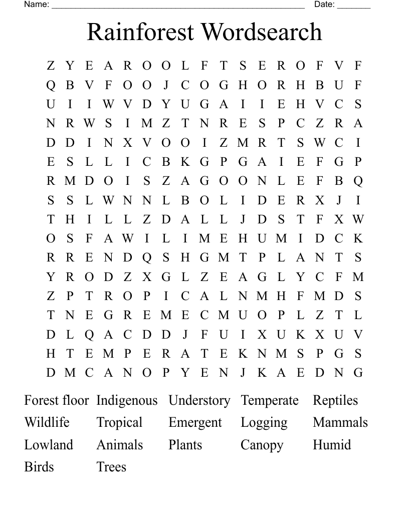 Rainforest Wordsearch